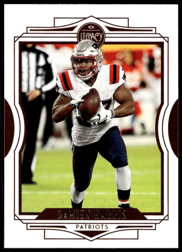 Damien Harris 2021 Panini Legacy football card #52, front view, action pose.