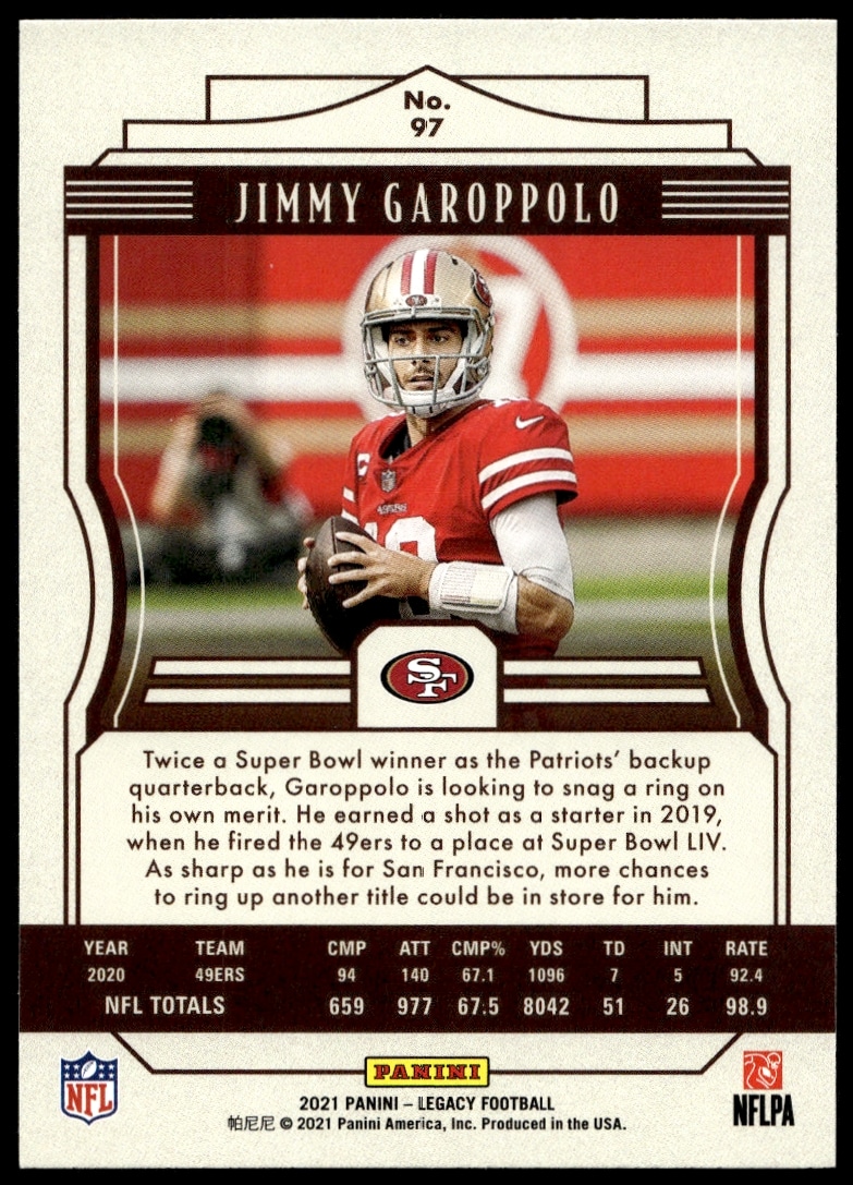 Back of 2021 Panini Legacy card featuring QB Jimmy Garoppolo, #97, with stats and bio.
