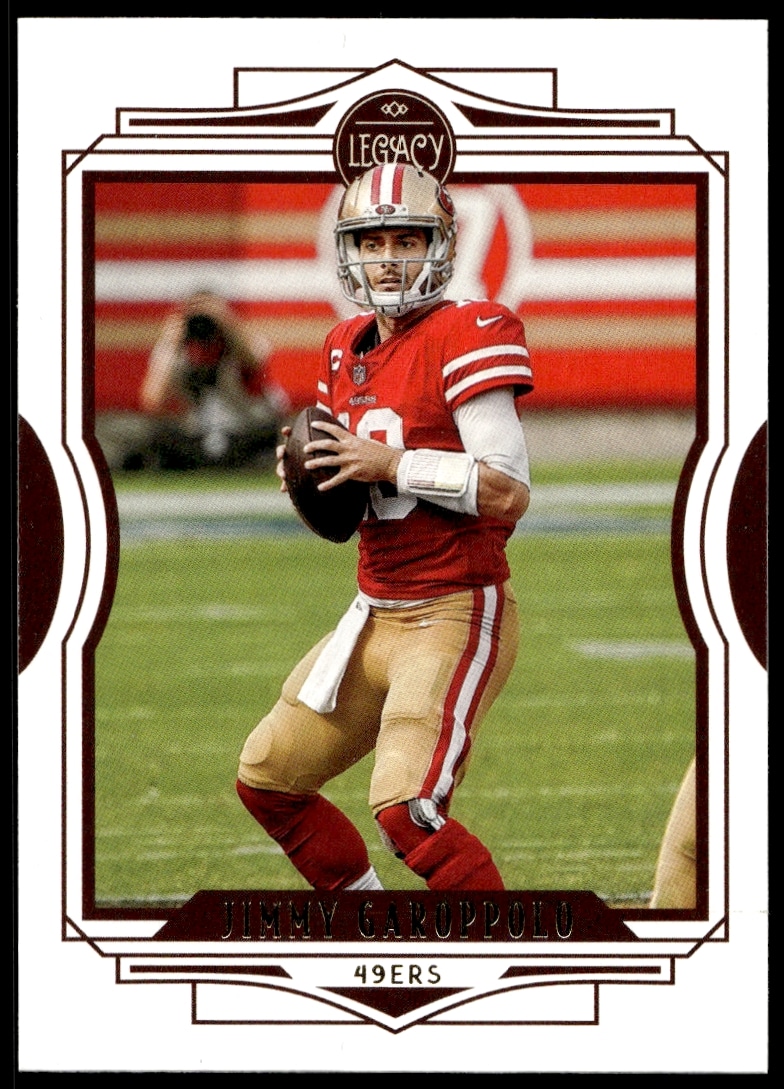 Jimmy Garoppolo 2021 Panini Legacy Card #97, displaying his determined expression and team uniform.
