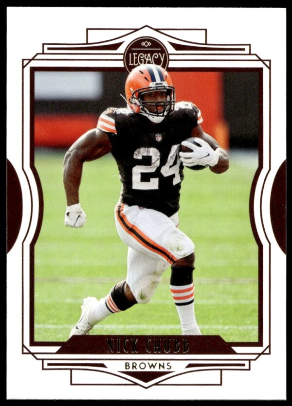 Front view of 2021 Panini Legacy Nick Chubb card, featuring Cleveland Browns running back.