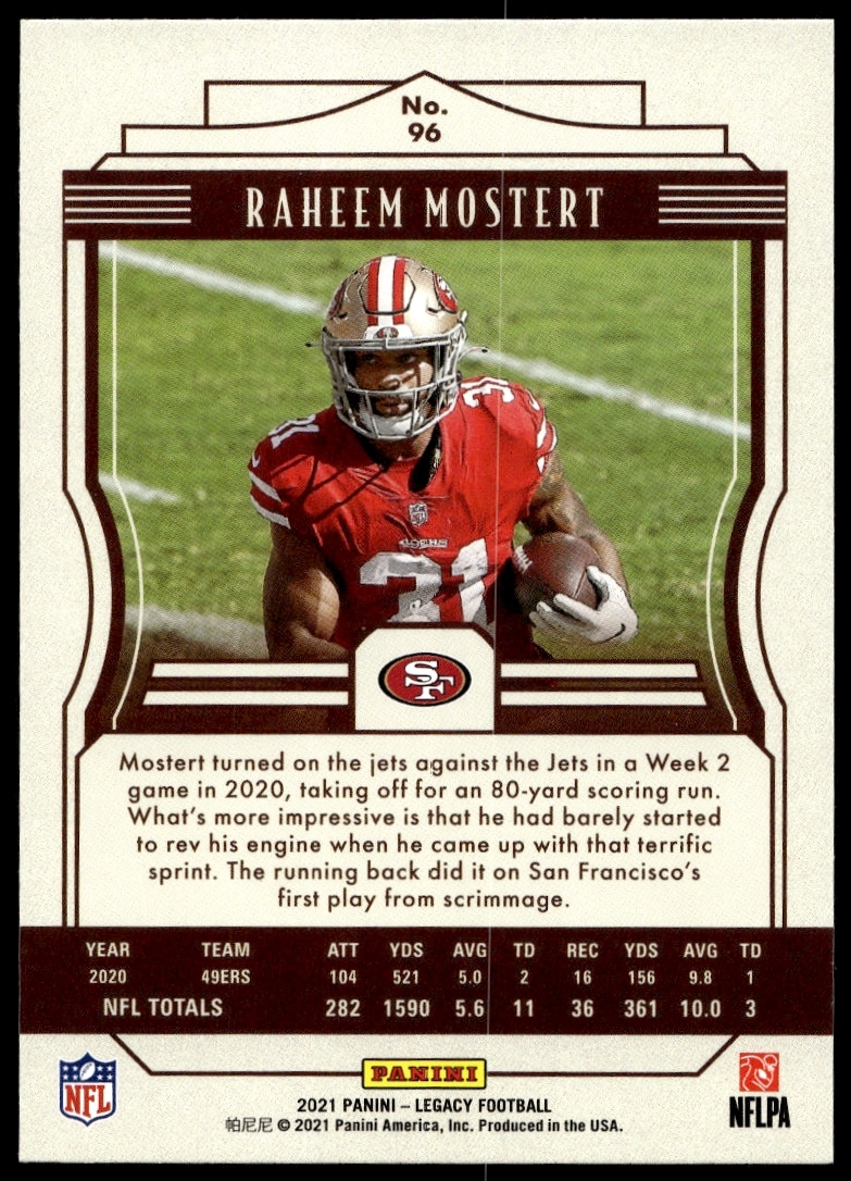 Back of 2021 Panini Legacy NFL card featuring Raheem Mostert, showcasing highlights and stats.