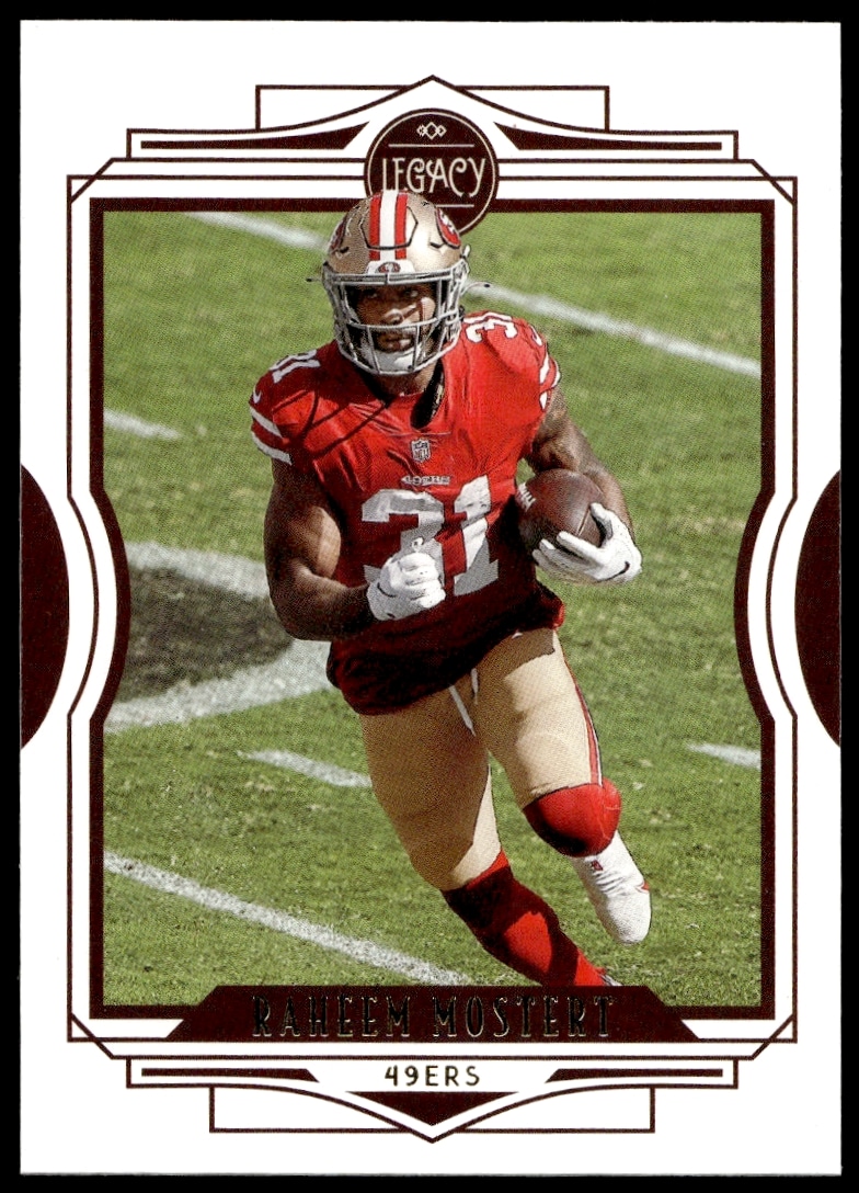 2021 Panini Legacy Raheem Mostert trading card #96 featuring dynamic action shot.