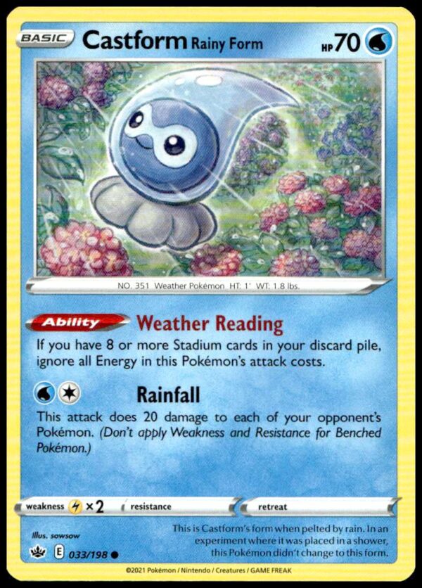 Pokémon Chilling Reign Castform Rainy Form Card #033/198, featuring vibrant rainy-themed artwork.
