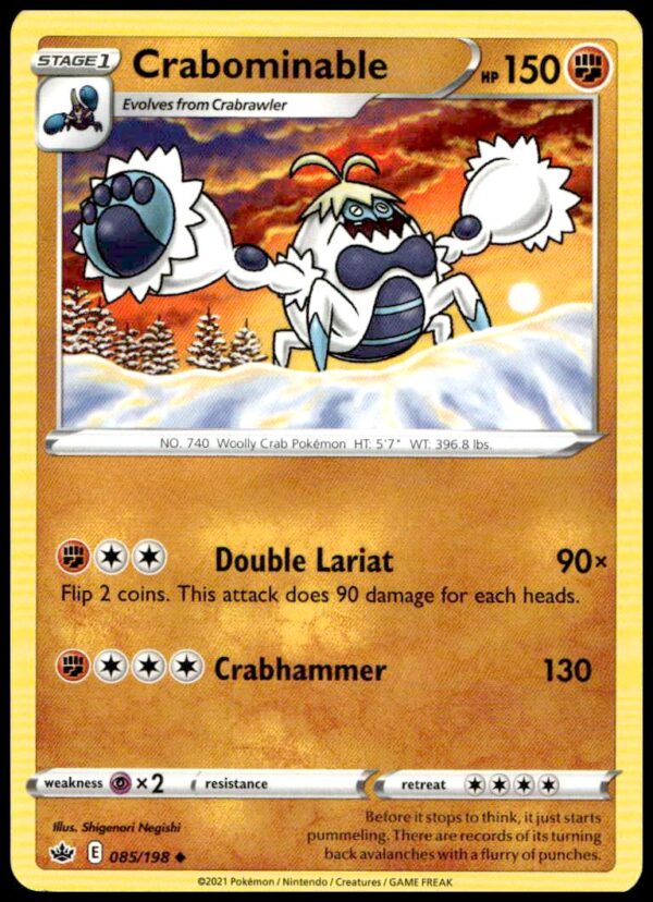 Crabominable Pokémon card from 2021 Chilling Reign set, front view, number 085/198.