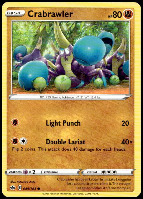 Crabrawler Pokémon card 2021, Chilling Reign set, #084/198, featuring vibrant coastal imagery.