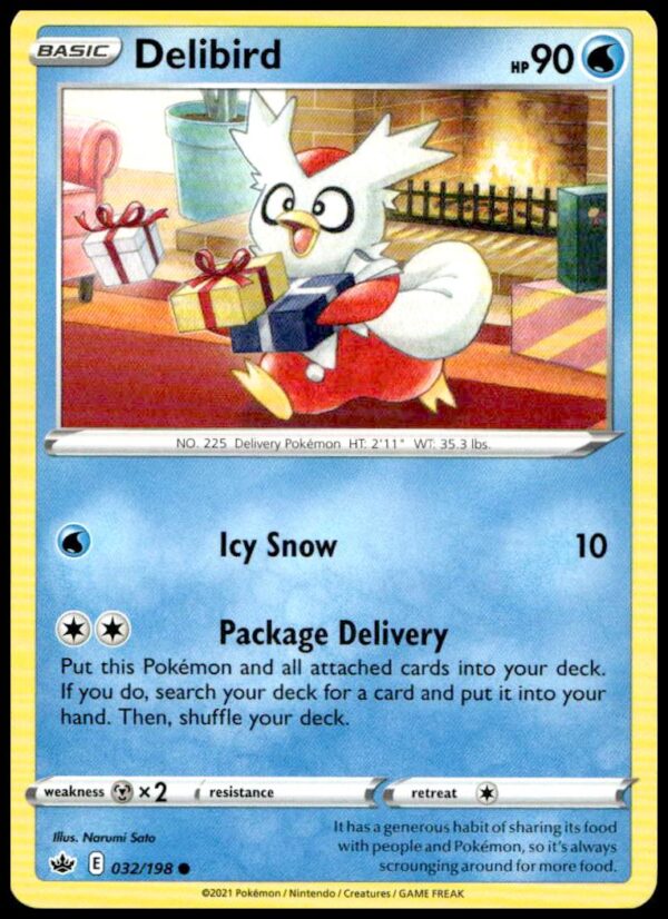 Delibird Pokémon Card 2021 Chilling Reign Edition, #032/198, Ice/Flying Type.