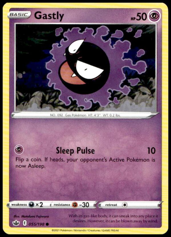 2021 Pokémon Chilling Reign Gastly card, #055/198, showcasing ghostly design and unique characteristics.