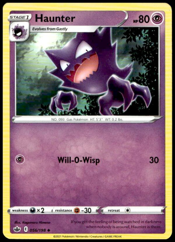 2021 Chilling Reign Haunter Pokémon card, ghostly design, #056/198 front view.