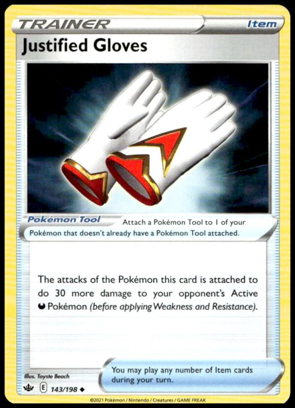 Justified Gloves Pokémon card from Chilling Reign 2021, number 143/198, featuring magical aura.