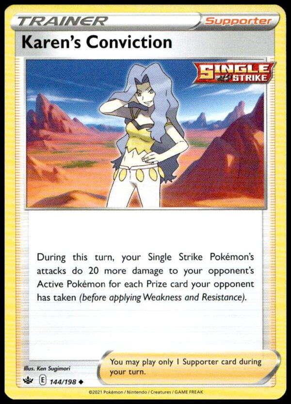 2021 Pokémon Chilling Reign Karens Conviction Card #144, featuring dynamic Karen artwork.