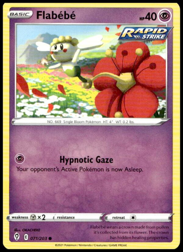 Flabebe Pokémon card from 2021 Evolving Skies set, number 071/203, Fairy-type illustration.