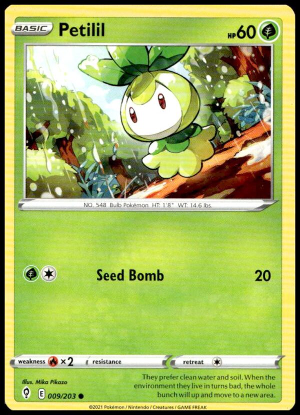 Evolving Skies Petilil Card 2021: Close-up of Grass-type Pokémon, Card 009/203.