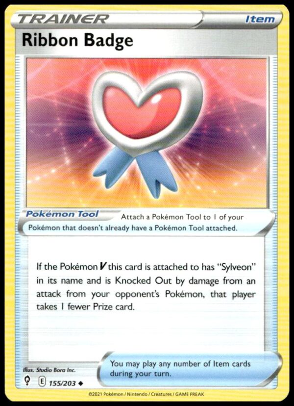 2021 Pokémon Evolving Skies Ribbon Badge card front, #155/203, featuring badge illustration and attributes.