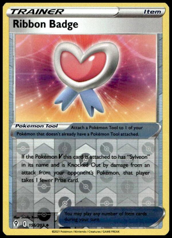 2021 Pokémon Evolving Skies Ribbon Badge Reverse Holo Card 155/203 with Holographic Detail.