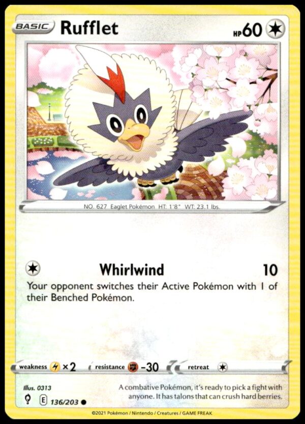 Front view of Rufflet card, Pokémon Evolving Skies #136/203, vividly detailed 2021 edition.