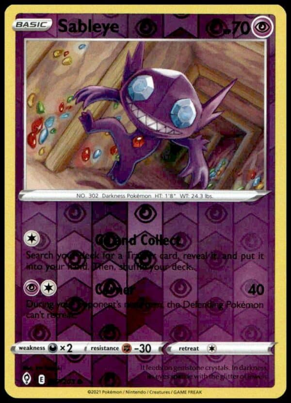 Sableye Reverse Holo Pokémon Card from 2021 Evolving Skies, #067/203, shimmering finish.