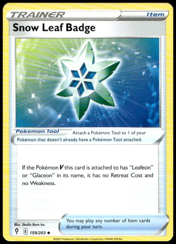 Front of 2021 Pokémon Evolving Skies Snow Leaf Badge card, collectible #159/203.
