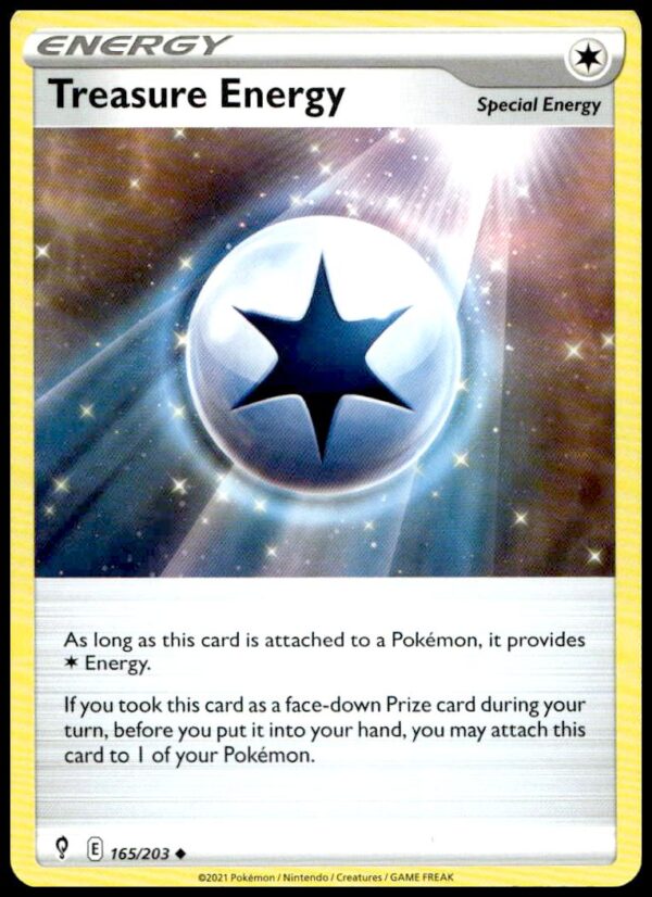 Front view of 2021 Pokémon Evolving Skies Treasure Energy card #165/203.