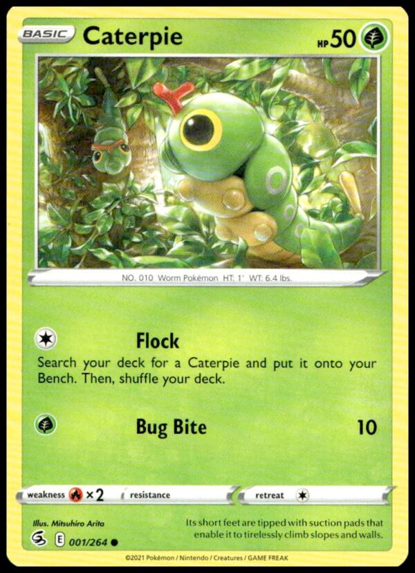 Front view of 2021 Pokémon Fusion Strike Caterpie card #001/264 in lush greenery.