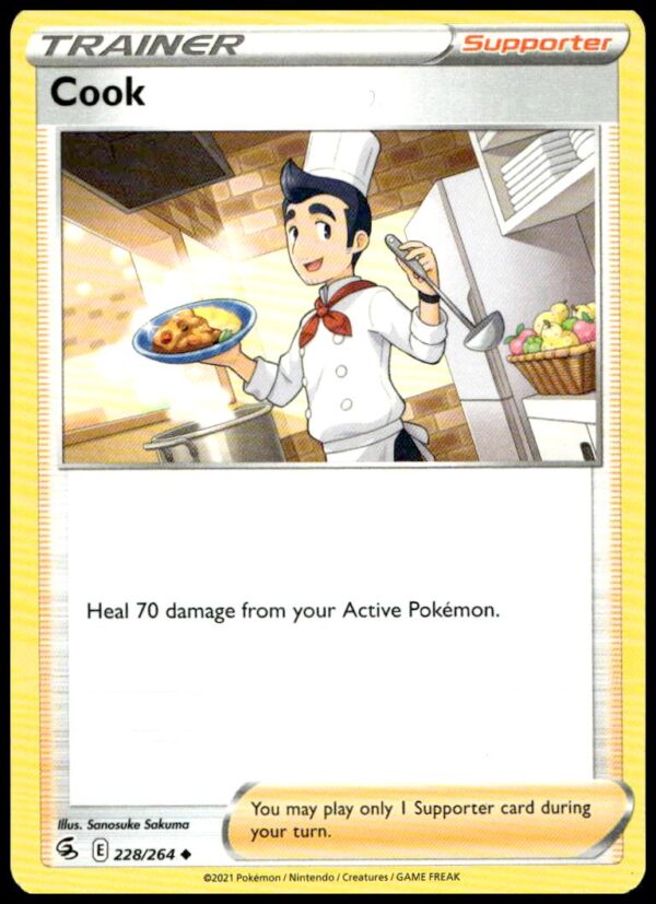 Pokémon Fusion Strike Cook card front view #228/264, vibrant character artwork, 2021 edition.