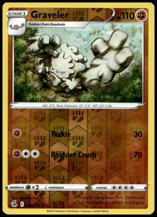 Graveler Reverse Holo Pokémon Card 2021 Fusion Strike #136/264 with holographic shine.