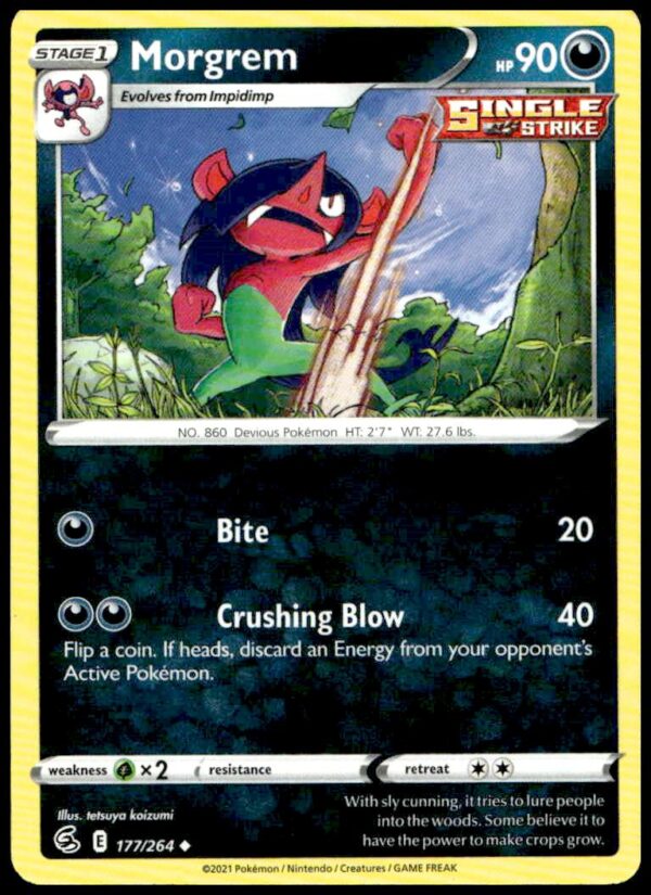 Morgrem Fusion Strike trading card, 2021, Dark/Fairy-type, #177/264, action pose against artful backdrop.