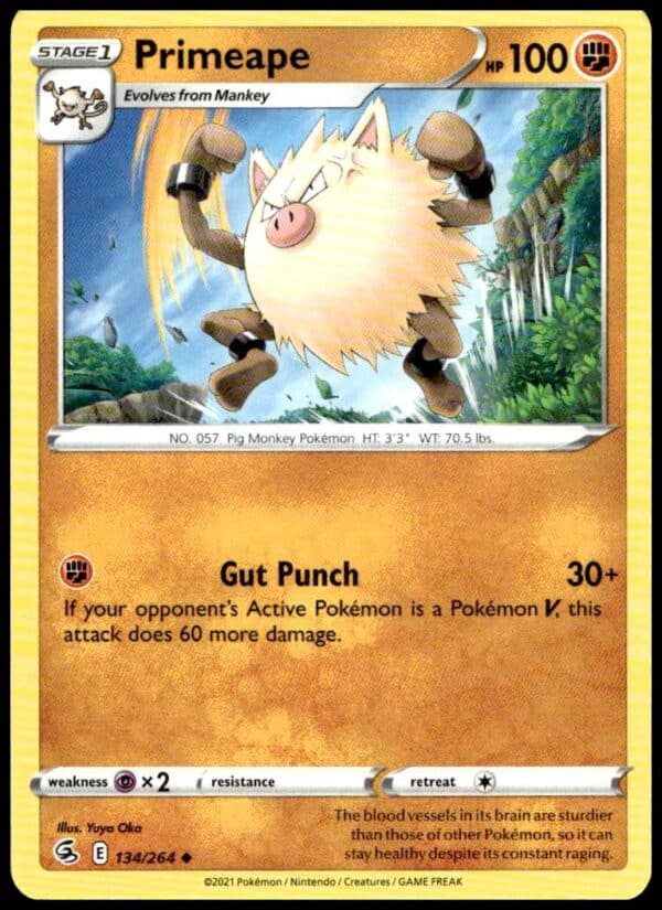 Primeape card from 2021 Pokémon Fusion Strike set, showcasing dynamic Fighting-type artwork.