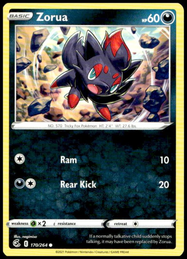 2021 Pokémon Fusion Strike Zorua card #170/264 displaying playful Zorua art.