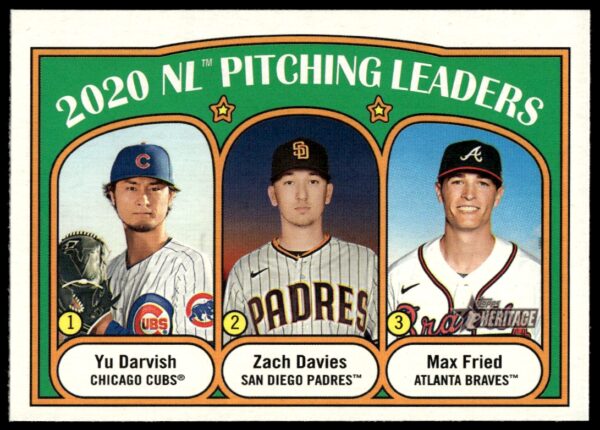2021 Topps Heritage baseball card featuring 2020 NL pitching leaders: Davies, Fried, Darvish.