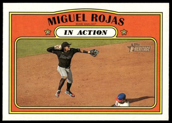 Front of 2021 Topps Heritage card featuring Miguel Rojas in Marlins uniform, card #10.