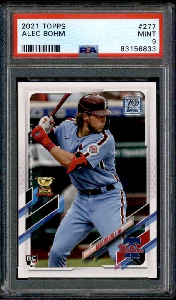 2021 Topps Alec Bohm Rookie Card PSA 9, Philadelphia Phillies, Mid-Swing, Card #237.