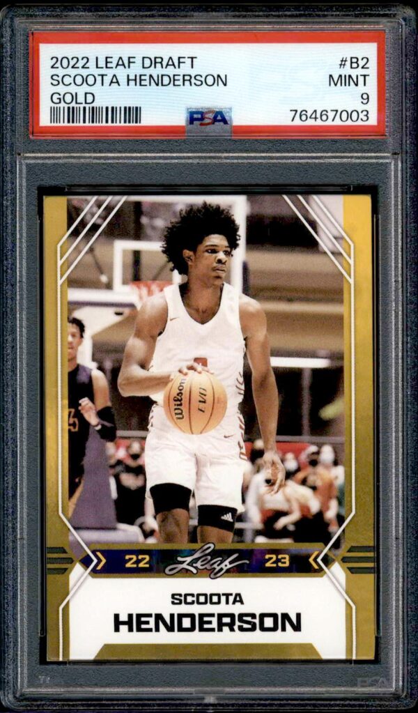 Scoot Henderson 2021 Leaf Draft Gold Rookie Card, PSA 9 Mint, White Jersey Action Shot.