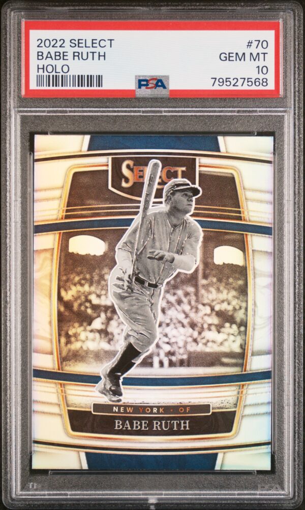 2022 Panini Select Babe Ruth card, GEM MT 10, sepia photo, gold borders, PSA graded.