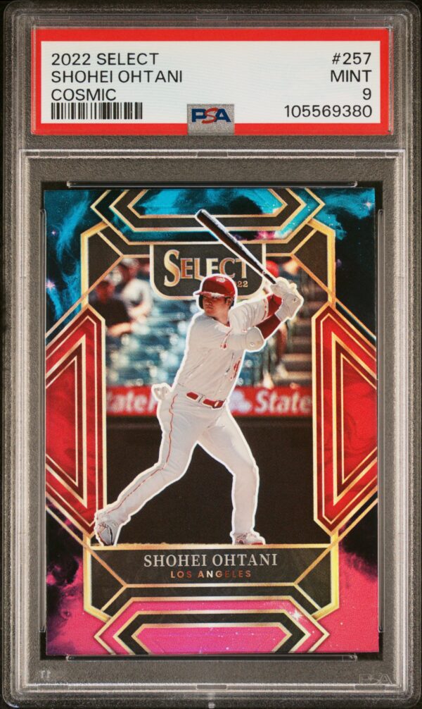 Shohei Ohtani 2022 Panini Select Cosmic card, PSA 9 grade, featuring dynamic baseball design.