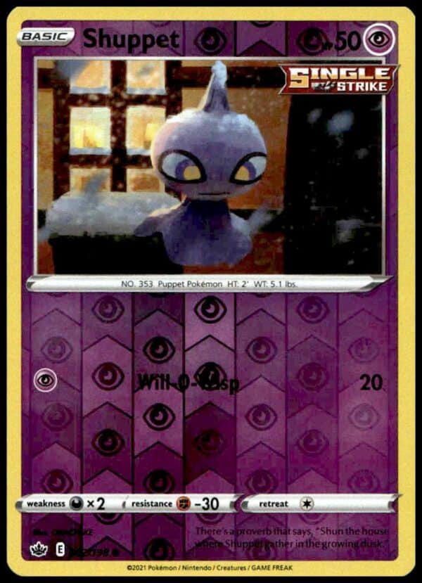 Pokémon card: 2022 Shuppet Reverse Holo, Lost Origin #72/196, front view, holographic finish.