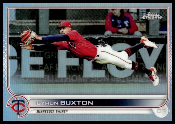 Byron Buxton 2022 Topps Chrome Rainbow Foil Card #174, showcasing vibrant action and dynamic design.