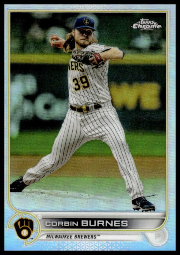 2022 Topps Chrome Corbin Burnes Rainbow Foil Card #167, glossy finish, pitcher in action.