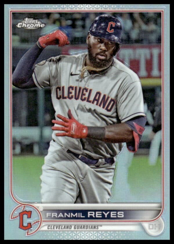 Franmil Reyes 2022 Topps Chrome Rainbow Foil Card #97, action shot mid-swing.