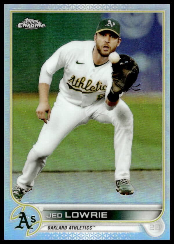 Jed Lowrie 2022 Topps Chrome Rainbow Foil baseball card, #140, front view.