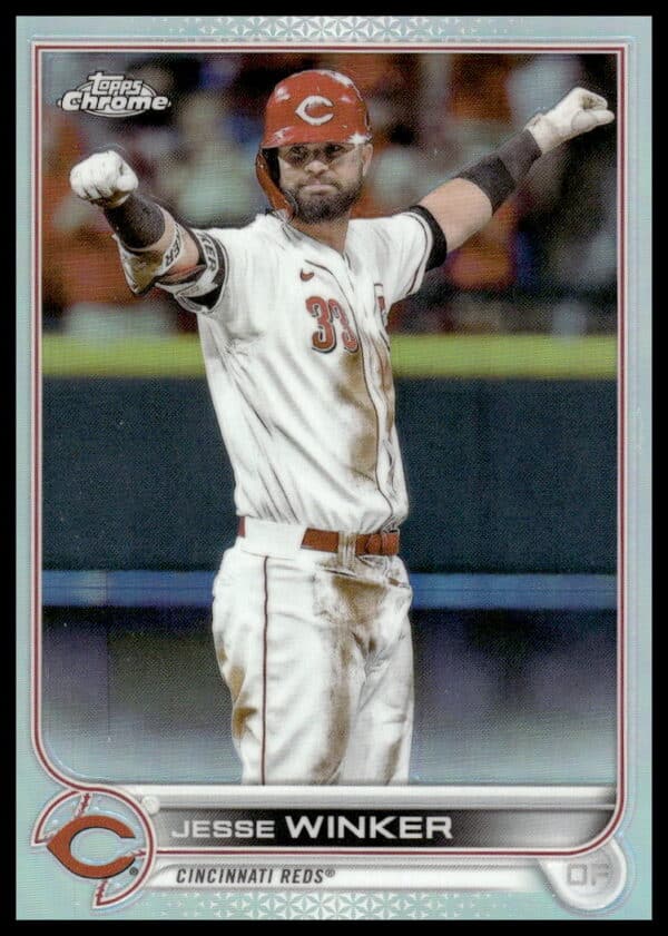 Jesse Winker 2022 Topps Chrome Rainbow Foil baseball card showing vibrant action pose.