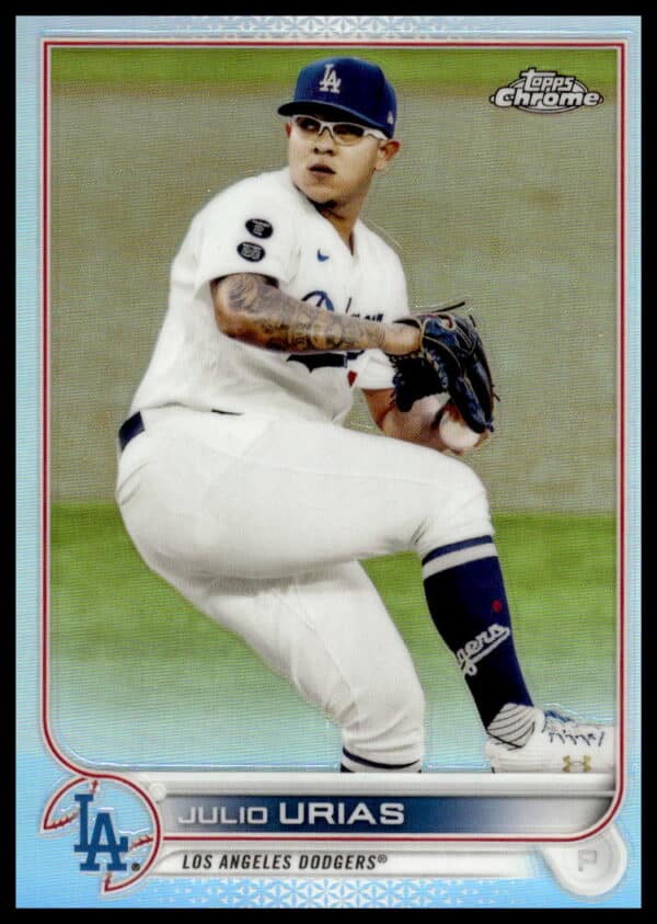 Julio Urias 2022 Topps Rainbow Foil Card #3, Dodgers pitcher, dynamic chrome finish.