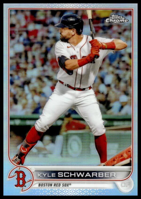 Front of 2022 Topps Chrome Rainbow Foil Kyle Schwarber #110 baseball card in Phillies uniform.
