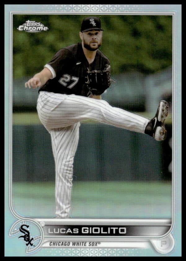 Lucas Giolito 2022 Rainbow Foil Card: Topps Chrome, Chicago White Sox Pitcher, Holographic Front.