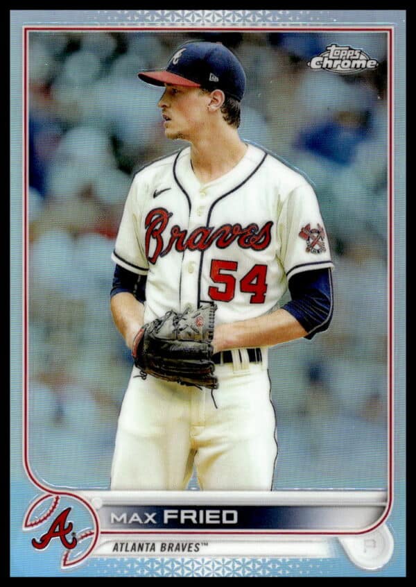 Topps 2022 Chrome Card: Max Fried Rainbow Foil #75, Dynamic Baseball Action.