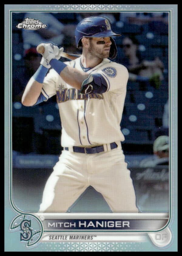Mitch Haniger 2022 Topps Chrome Rainbow Foil Card #92, dynamic action photo, vibrant foil effect.