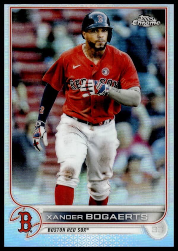 Xander Bogaerts 2022 Topps Chrome Rainbow Foil trading card, collectible with vibrant foil accents.