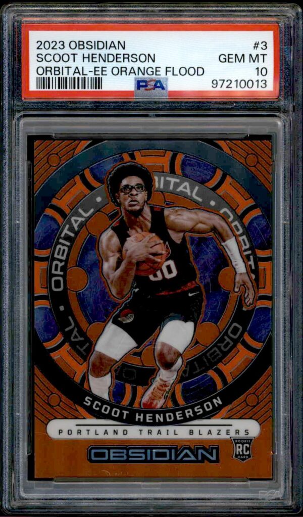 2023 Scoot Henderson Panini Obsidian card, Orange Flood, PSA 10, #3/75, front view.