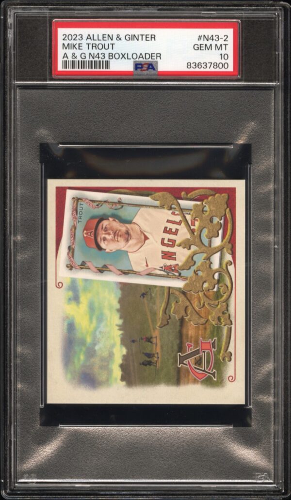 Mike Trout 2023 N43 Boxloader Card, PSA 10, vibrant design, collectible sports card front.