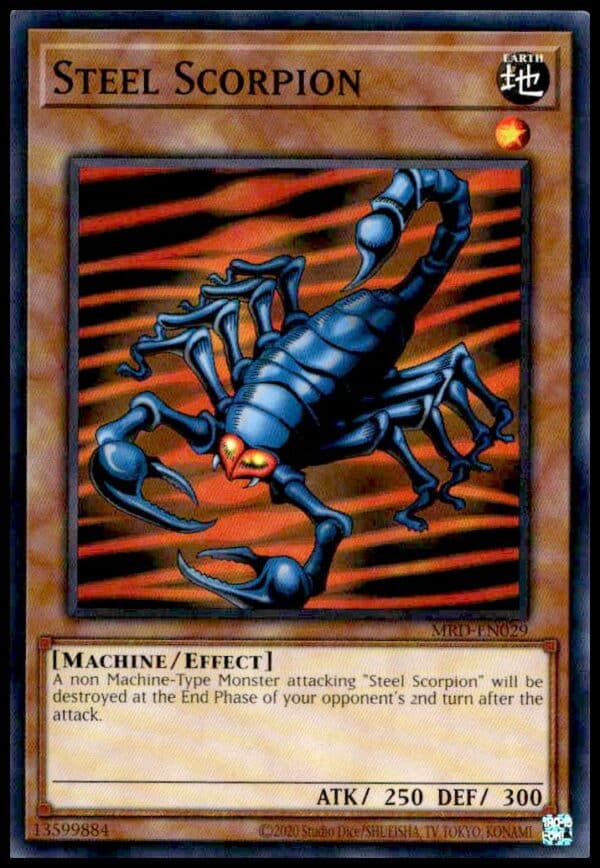 Steel Scorpion Yu-Gi-Oh! card, Metal Raiders 25th Anniversary Edition, #MRD-EN029, front view.