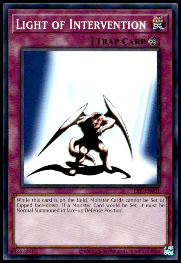 Front of 2023 Yu-Gi-Oh! 25th Anniversary Light of Intervention card, a collectors item.